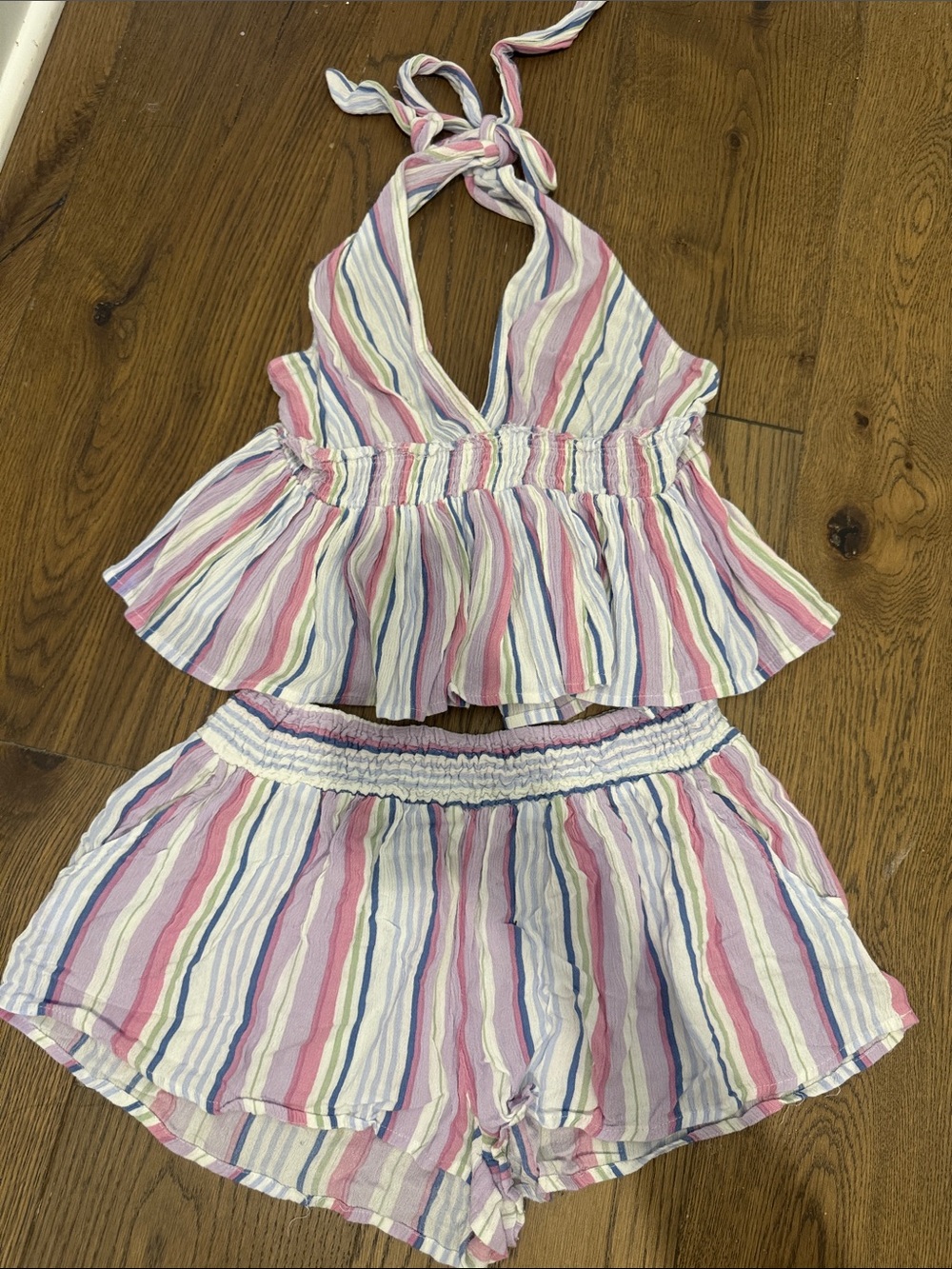 Striped Pink Multi Halter Top and Shorts Set